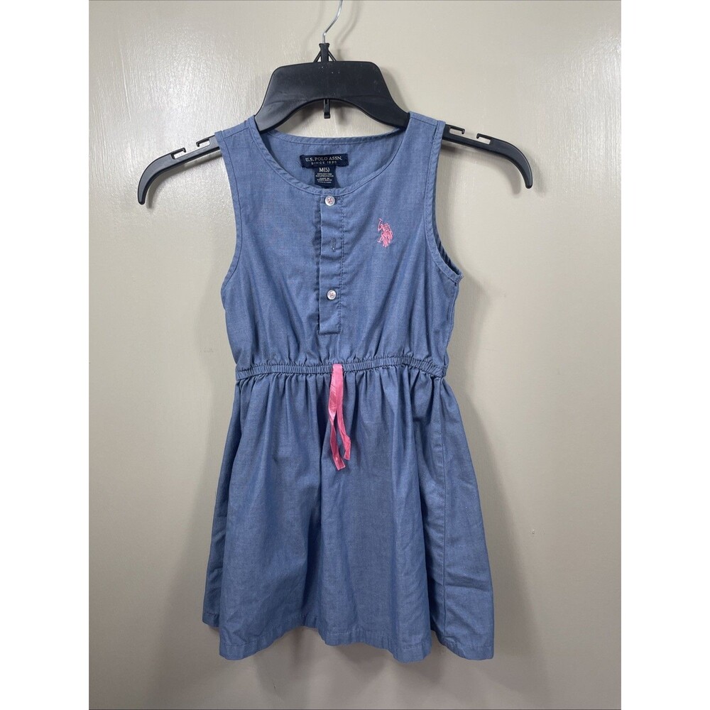 U.S.‎ Polo Assn Blue Chambray Dress Pink Embroidered Logo Drawstring Coquette